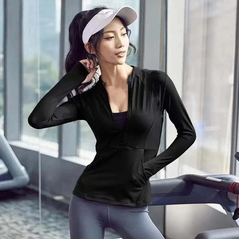 Jaqueta Esportiva Feminina com Zíper – Secagem Rápida, Ideal para Yoga, Academia e Corrida | Capuz, Furo para o Polegar e Estilo Fitness Moderno